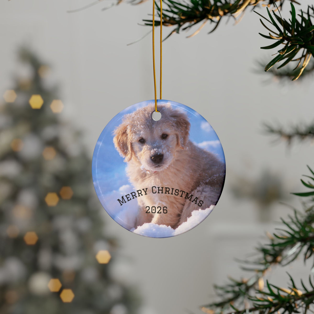 Merry Christmas Puppy Ornament | Ceramic Round Christmas Ornament