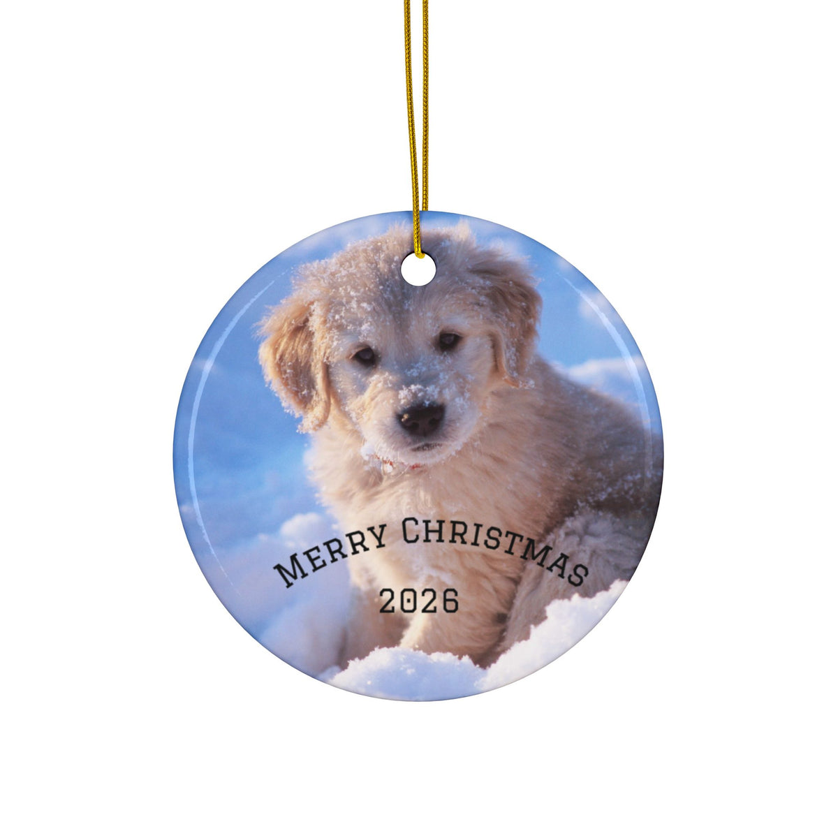 Merry Christmas Puppy Ornament | Ceramic Round Christmas Ornament