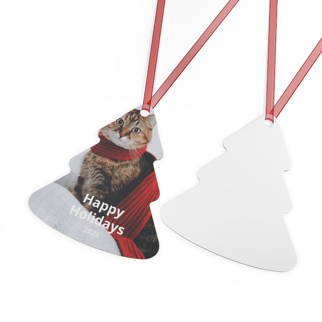 Cat with Red Scarf Happy Holidays 2026 Metal Ornament | Tree Shape