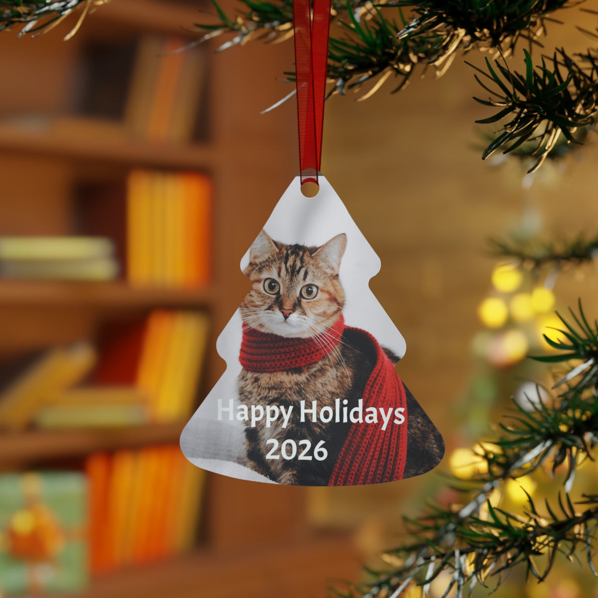 Cat with Red Scarf Happy Holidays 2026 Metal Ornament | Tree Shape