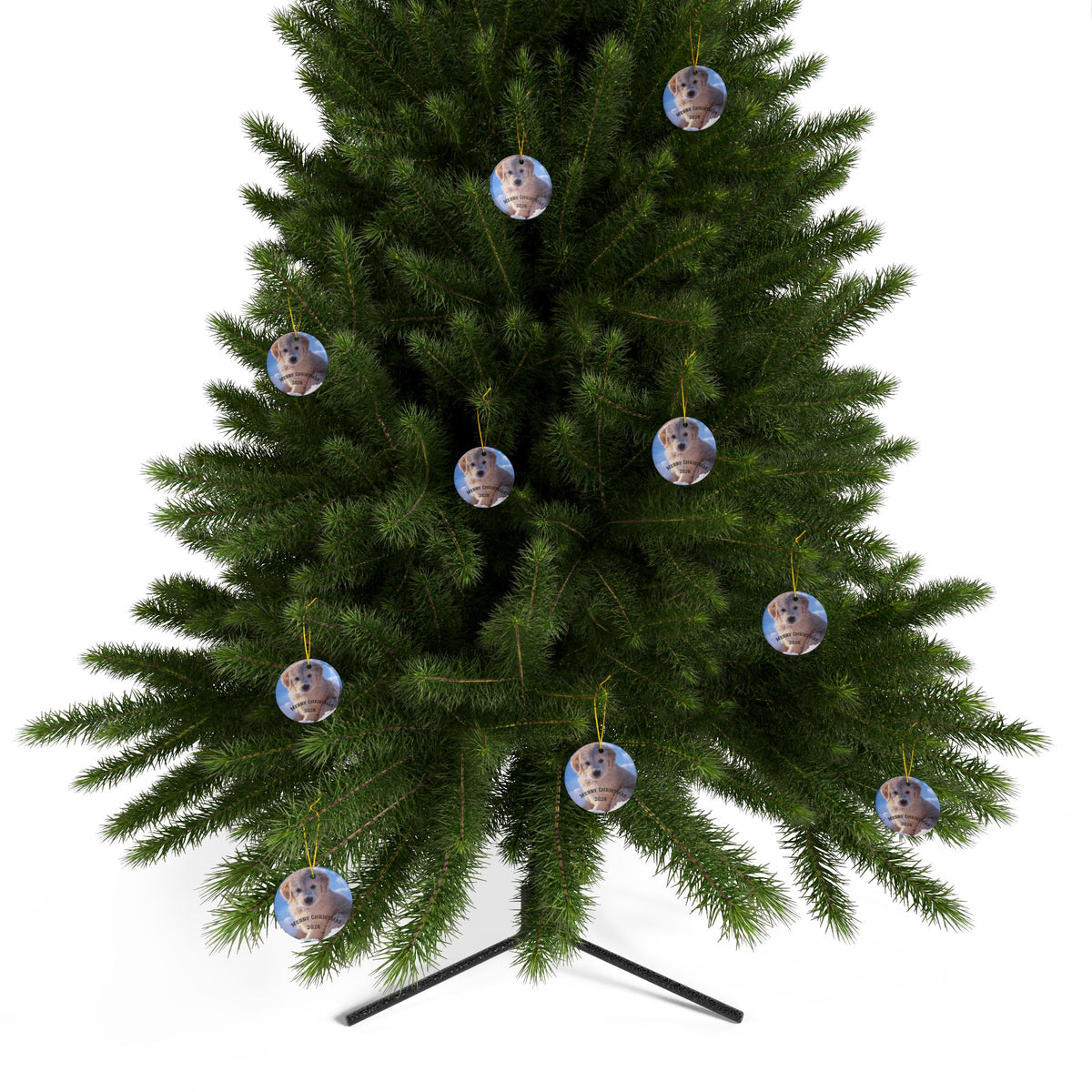 Merry Christmas Puppy Ornament | Ceramic Round Christmas Ornament