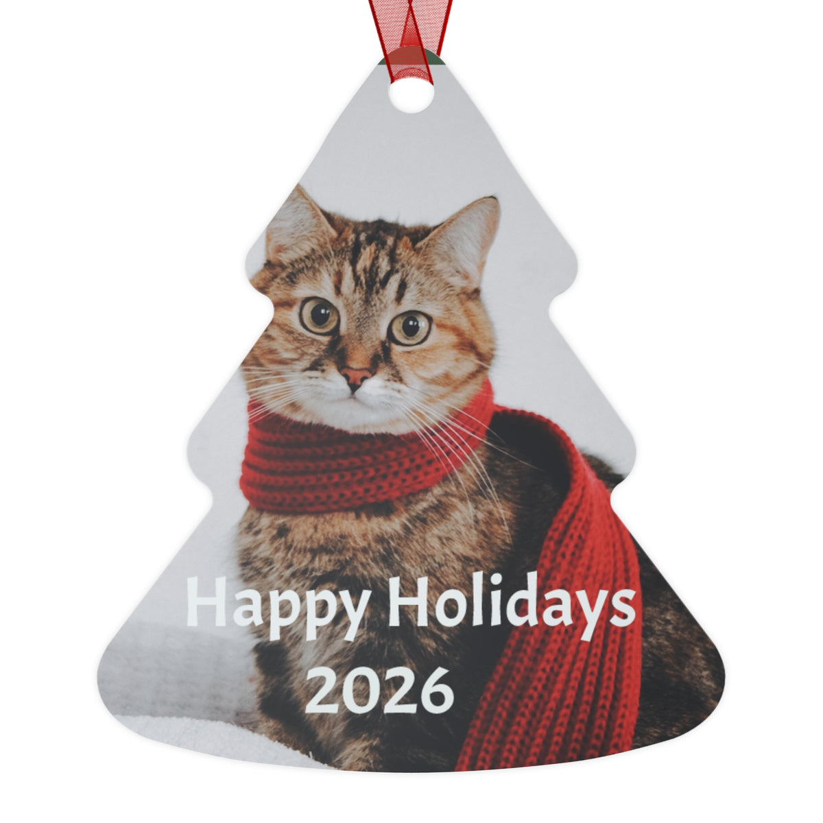 Cat with Red Scarf Happy Holidays 2026 Metal Ornament | Tree Shape