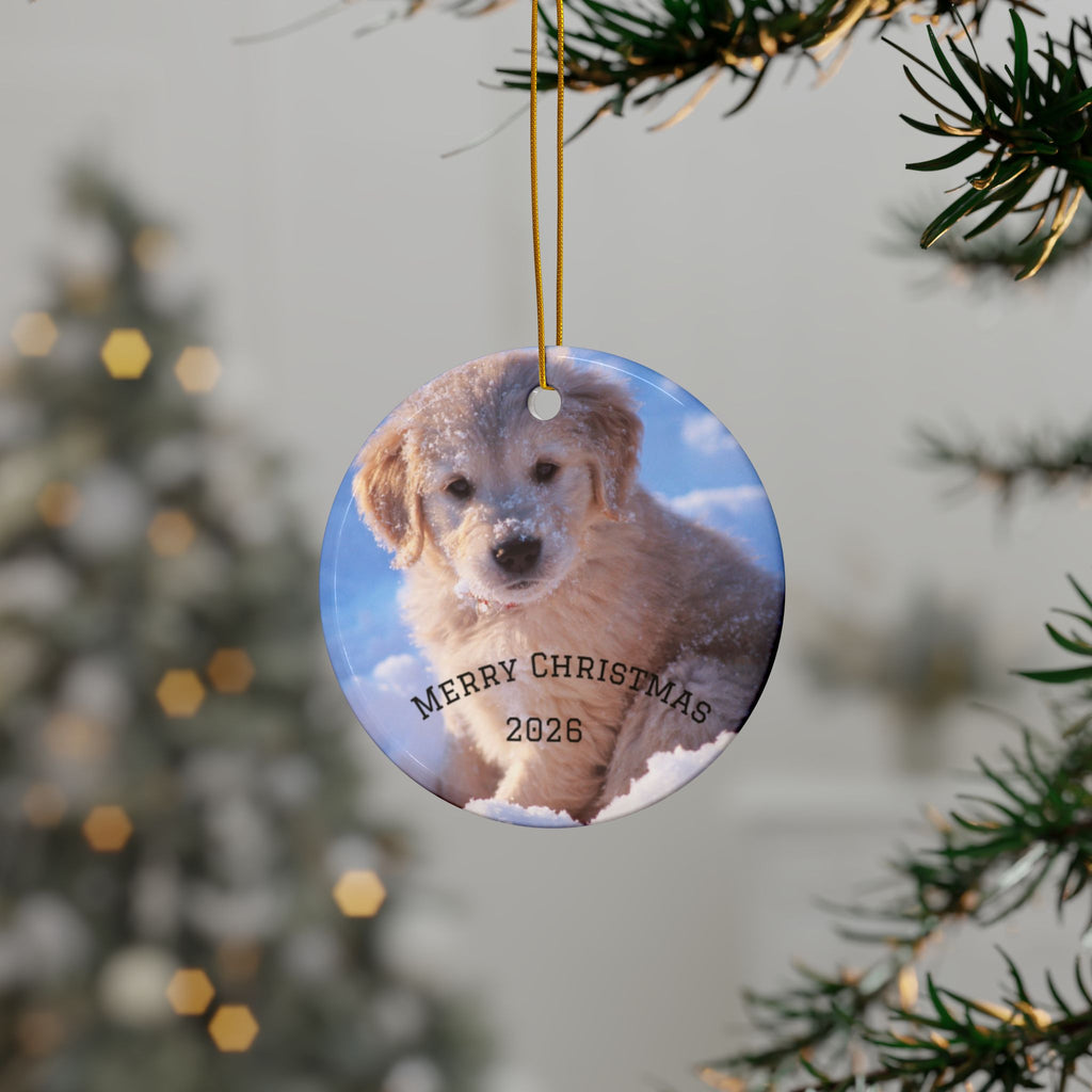 Merry Christmas Puppy Ornament | Ceramic Round Christmas Ornament