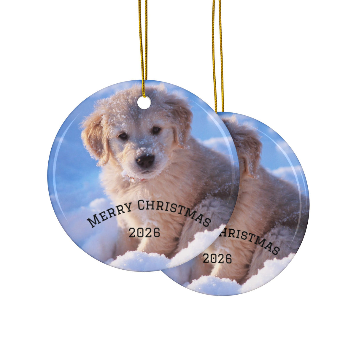 Merry Christmas Puppy Ornament | Ceramic Round Christmas Ornament