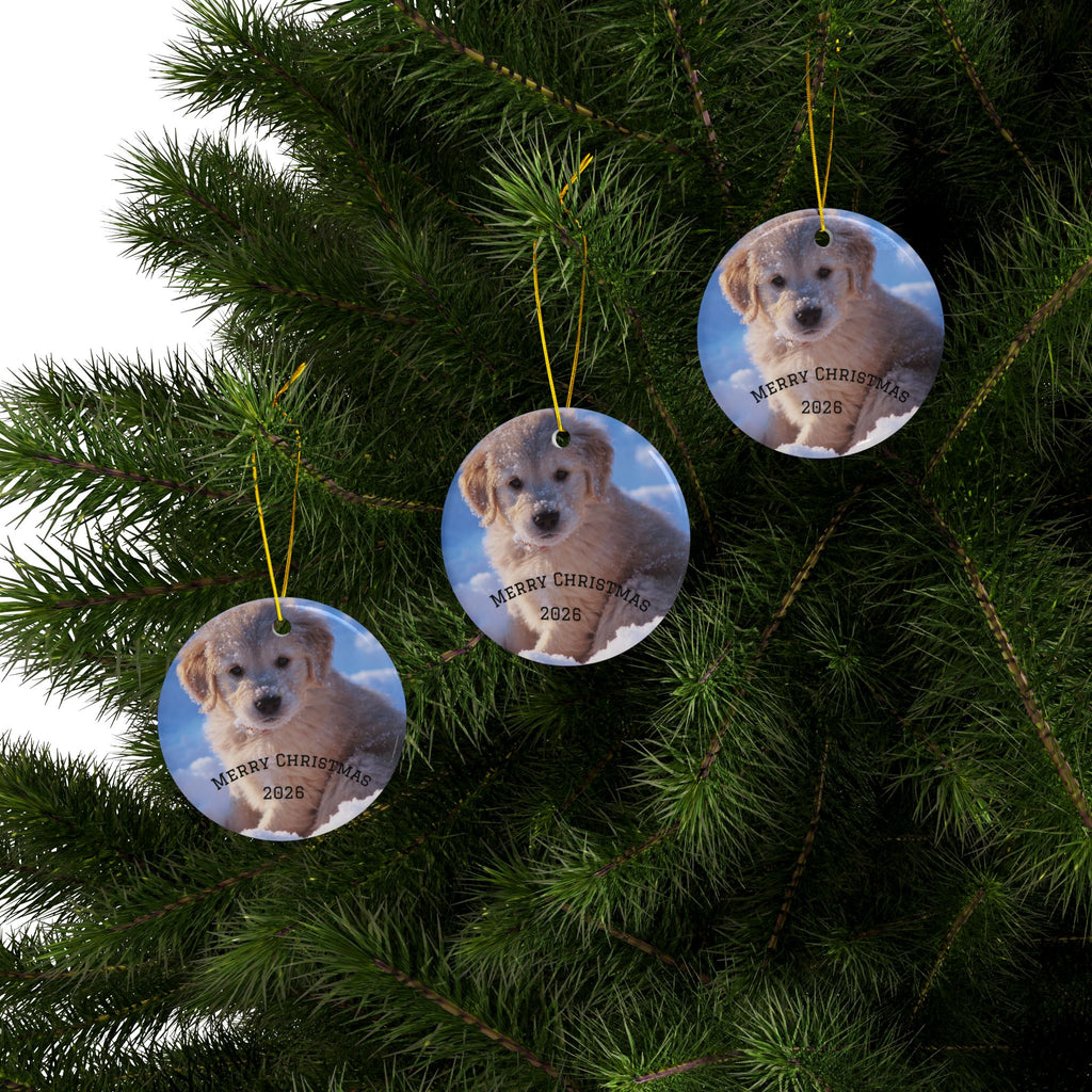 Merry Christmas Puppy Ornament | Ceramic Round Christmas Ornament