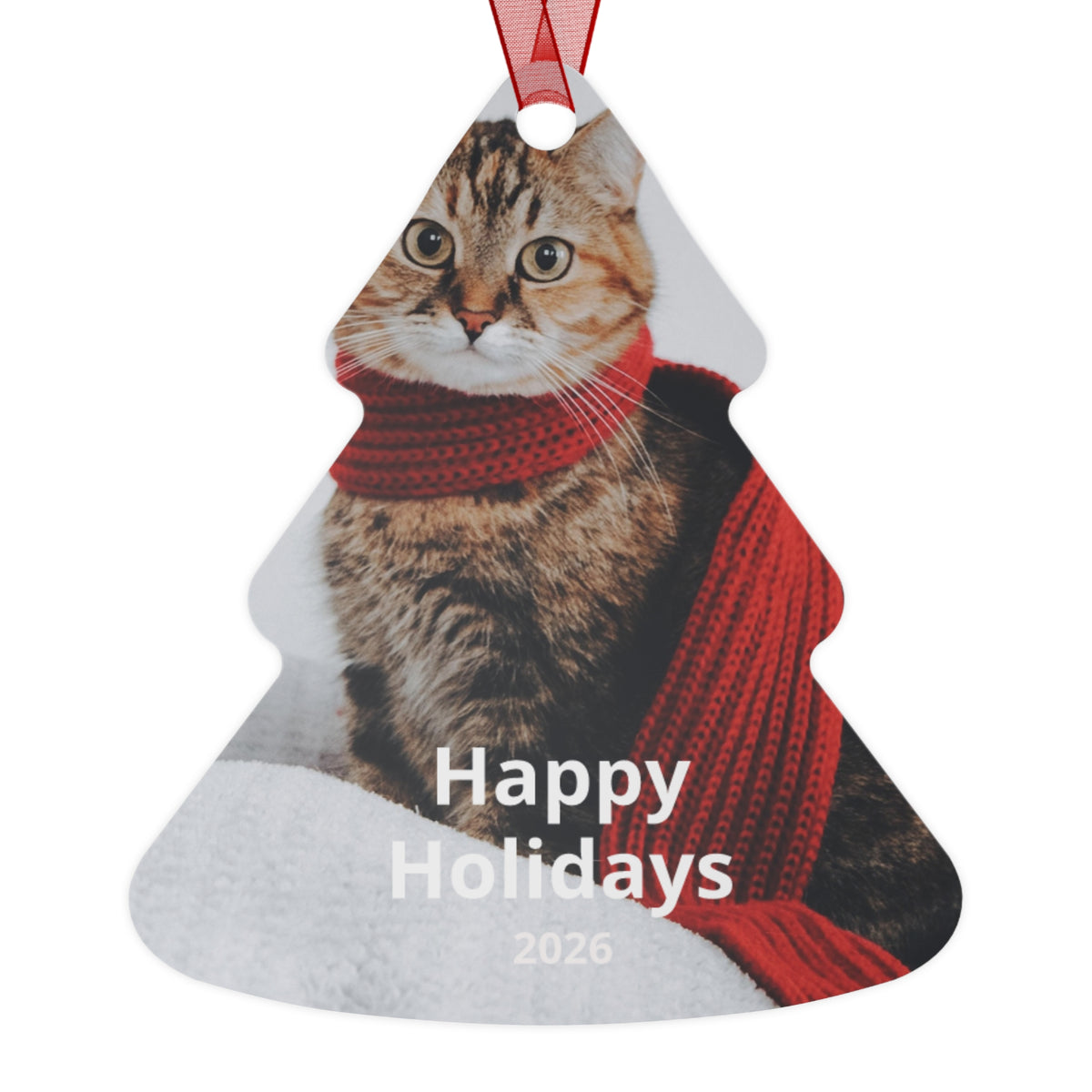 Cat with Red Scarf Happy Holidays 2026 Metal Ornament | Tree Shape