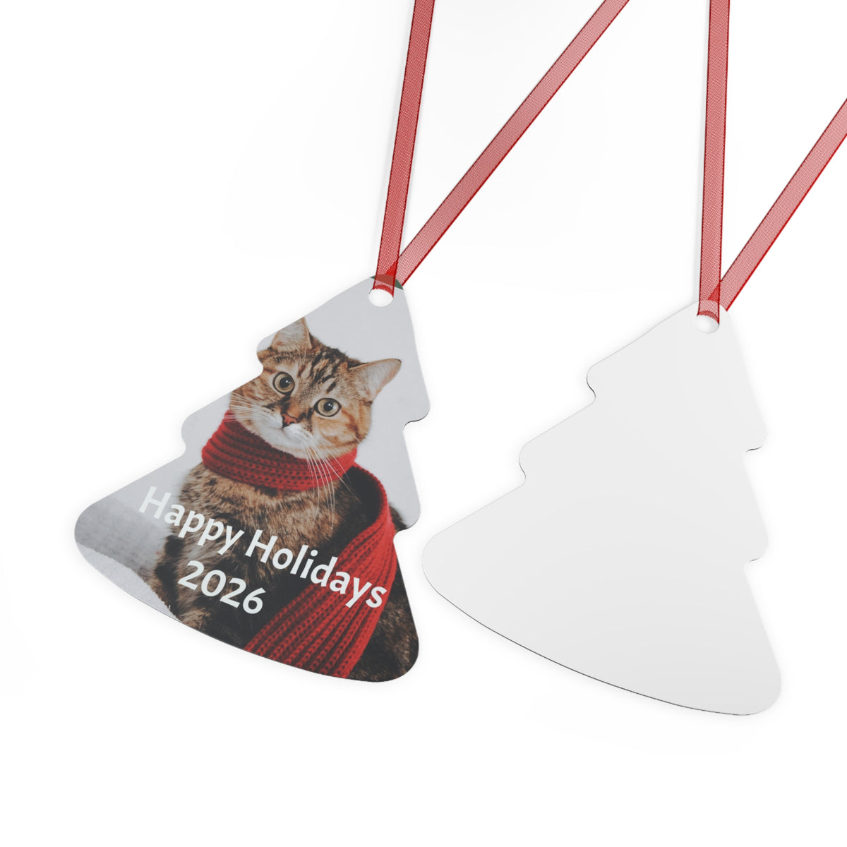 Cat with Red Scarf Happy Holidays 2026 Metal Ornament | Tree Shape