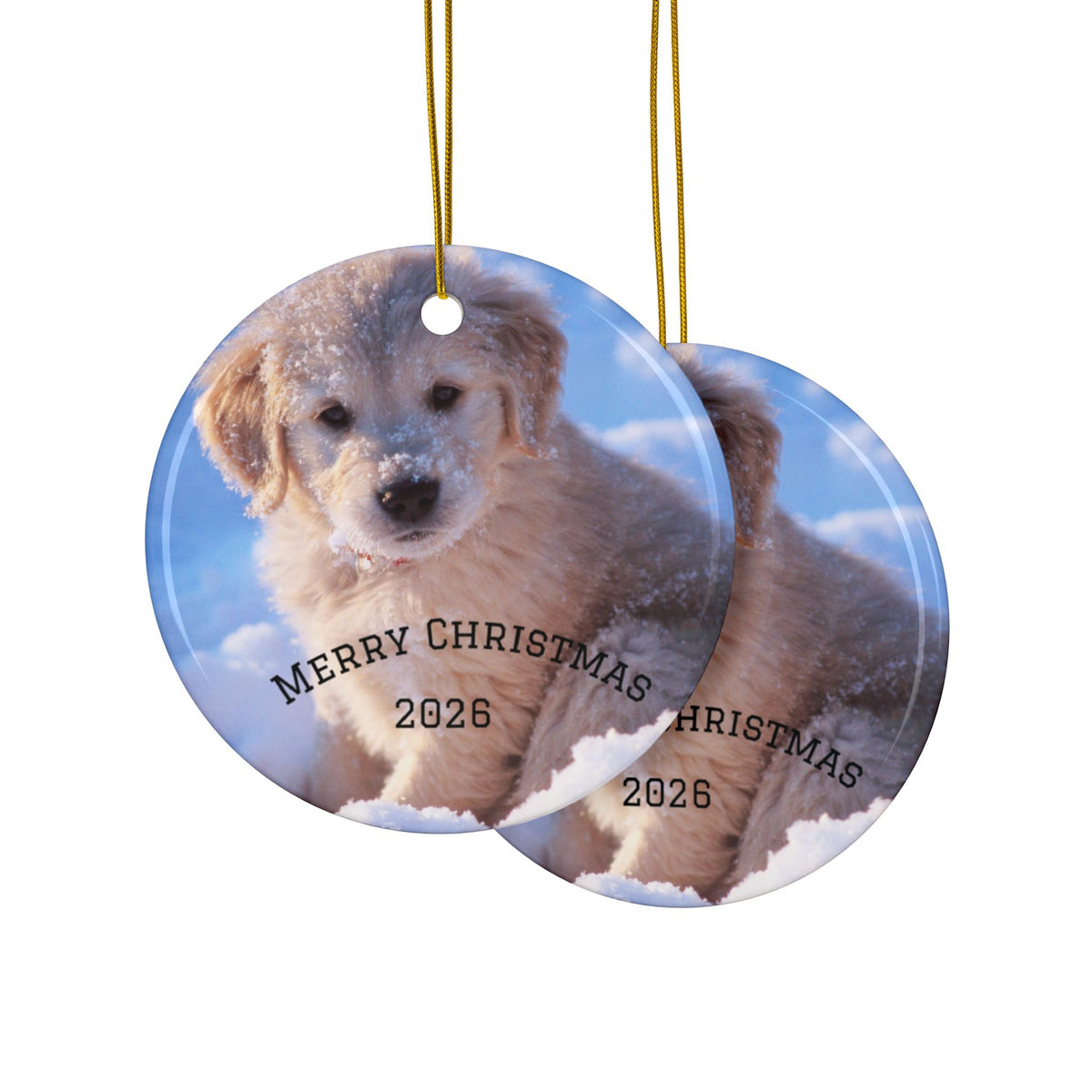 Merry Christmas Puppy Ornament | Ceramic Round Christmas Ornament