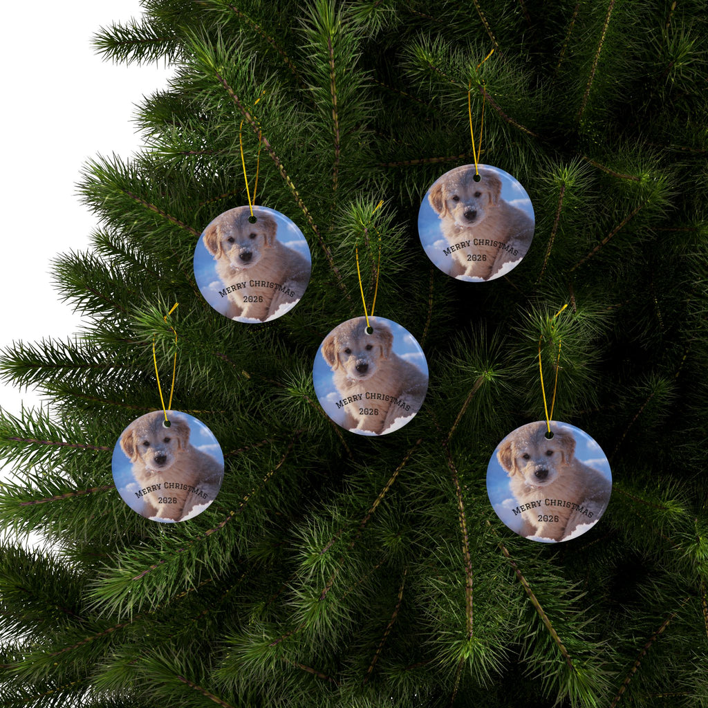 Merry Christmas Puppy Ornament | Ceramic Round Christmas Ornament