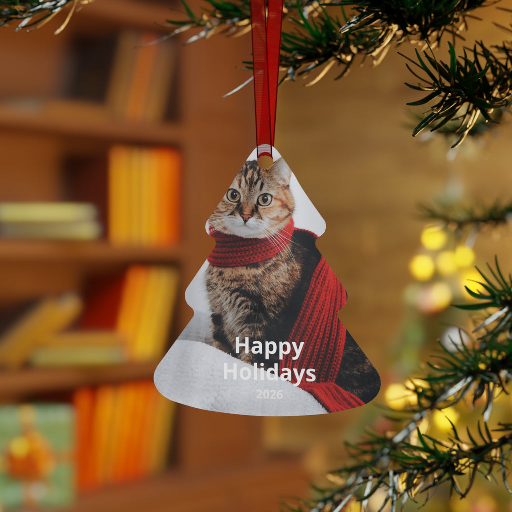 Cat with Red Scarf Happy Holidays 2026 Metal Ornament | Tree Shape